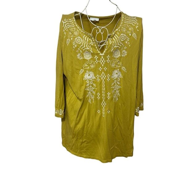 STUNNING J Jill blouse Womens Green Embroidered Long Sleeve V Neck Blouse Peasan - Picture 1 of 14